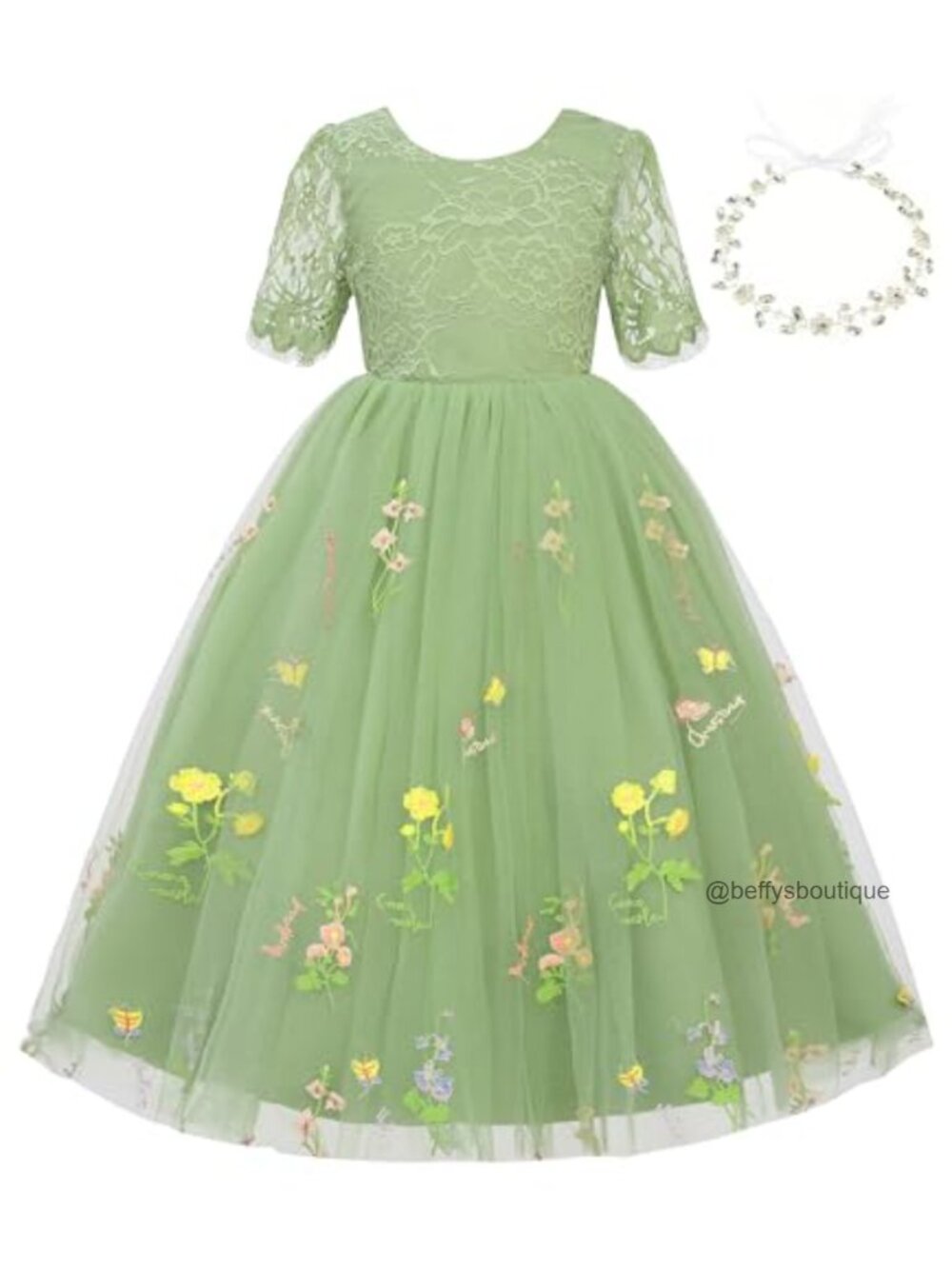 Girls Flower Girl Lace Tulle Dress Floral Embroidery Gown with Headband